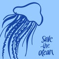 A square vector image with the text Save the ocean and the jellyfish. The environment protection vector design for a poster, flye