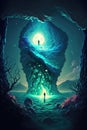 Ocean portal to other dimension, surreal digital Illustration. Dreamlike, otherworldly opening, light in water with tiny man