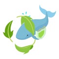 Ocean protection icon isometric vector. Blue whale in leaf circle behind shield Royalty Free Stock Photo