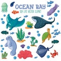 Ocean ray cartoon children vector animal set.