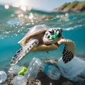 Ocean's Cry: Turtle Encounters Plastic Pollution Royalty Free Stock Photo