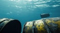 The ocean's graveyard, rusty barrels entomb toxic secrets that harm life below.