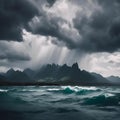 an ocean scene with dark storm clouds above the mountains on a windy day