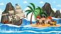 Ocean scene at daytime with Pirate kids standing on Treasure Island Royalty Free Stock Photo