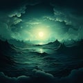 Teal Surrealism Seascape Abstract: Dark Green And Light Cyan Ocean Illustration