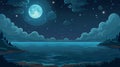 Ocean scene with silhouette coastline on horizon and reflection of moonlight in water at midnight. Modern cartoon Royalty Free Stock Photo