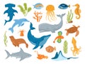 Ocean and sea animals and fish, set of isolated vector illustrations. Marine sea underwater creatures and mammals, whale