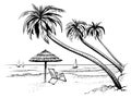 Ocean or sea beach with palms, umbrella, chaise longue and yachts. Hand drawn seaside view. Royalty Free Stock Photo
