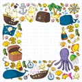 Ocean and sea for children. Pattern for boys. Pirate party. Cute fishes, animals, treasures. Kids vacation pattern Royalty Free Stock Photo