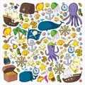 Ocean and sea for children. Pattern for boys. Pirate party. Cute fishes, animals, treasures. Kids vacation pattern Royalty Free Stock Photo