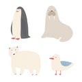 Ocean sea creatures and animals set walrus, penguin, polar bear, seagull cartoon vector Illustrations
