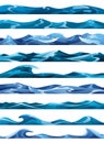 Ocean or sea decorative water waves. Vector set of horisontal patterns for ui games. Stylized blue waves on white