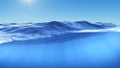 Ocean or sea in half water half sky. Rays of sunlight shining from above penetrate deep clear blue water. Realistic dark