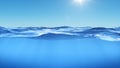 Ocean or sea in half water half sky. Rays of sunlight shining from above penetrate deep clear blue water. Realistic dark