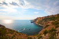 Ocean or sea landscape. Cloudy sky and Virgin nature. Desert island. Calming ocean water. Stunning panoramic view. Royalty Free Stock Photo