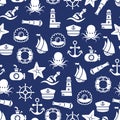 Ocean or sea seamless pattern with anchor boat bottle shell octopus