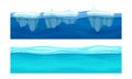Ocean or sea water waves set. Blue seamless water surface with floating ice vector illustration Royalty Free Stock Photo