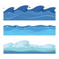 Ocean or sea water waves. Vector set of horisontal seamless patterns for ui games