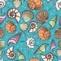 Ocean seamless pattern with colorful seashells