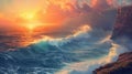 Ocean seascape at shoreline with huge waves hitting cliffs at sunrise Royalty Free Stock Photo