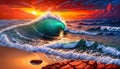 Ocean seashore wave mystical pattern art violent orange storm cloud