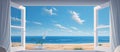 Ocean seen through open window showing horizon, sky, beach and clouds Royalty Free Stock Photo