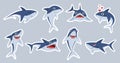 Ocean Shark Mascot. Happy Sharks, Scary Jaws And Underwater Swimming Cute Character, Emotions Fish For Stickers, Patches