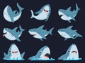 Ocean shark mascot. Scary sharks animals, smiling jaws and swimming shark cartoon vector illustration set