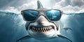 Ocean shark in sunglasses. Open toothy dangerous mouth with many teeth. Underwater blue sea waves clear water shark Royalty Free Stock Photo