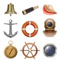 Ocean ship equipment. Sea diving space suit steering wheel steel anchor safety lifebuoy compass decent vector