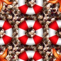 Ocean shore with colored sea stones. Sea pebble with sea star and lifebuoy of different shapes. seamless pattern