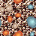 Ocean shore with colored sea stones. Sea pebble with shells seamless pattern of different shapes. Royalty Free Stock Photo