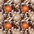 Ocean shore with colored sea stones. Sea pebble with shells seamless pattern of different shapes.