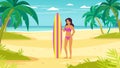 Ocean shore, tropical beach, sea coast. Surfer female. Royalty Free Stock Photo