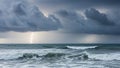 Dramatic Ocean Storm with Dark Clouds, Lightning Strike, and Crashing Waves stock Royalty Free Stock Photo