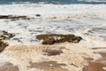 Ocean storm aftermath: A mass of thick foam covered the rocks following extreme storm weather Royalty Free Stock Photo