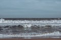 Ocean storm waves dramatically crashing splashing. Sky horizon line. Sea water edge, nature front view marine wallpaper Royalty Free Stock Photo