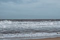 Ocean storm waves dramatically crashing splashing. Sky horizon line. Sea water edge, nature front view marine wallpaper Royalty Free Stock Photo