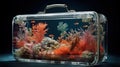 Ocean in suitcase, coral reef, fishes and sea creatures in transparent showcase, concept AI generative illustration