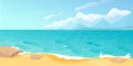 Ocean summer beach sea seashore, coastline with sand and stones, with mountains on horizon in cartoon style. Seaside Royalty Free Stock Photo