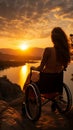 Ocean sunset backdrop accentuates female wheelchair users silhouette, arms outstretched