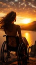 Ocean sunset backdrop accentuates female wheelchair users silhouette, arms outstretched