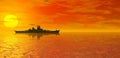 Ocean sunset and battleship Royalty Free Stock Photo