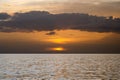 Ocean sunset. Big white sun on dramatic bright sky background, soft evening horizont over sea dark water Royalty Free Stock Photo