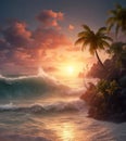 Tropical Surf Sunset With Palm Trees