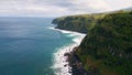 Ocean surf splashing coastal woodland cliffs white foam slow motion. Stormy sea