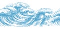 Hand drawn Sea waves. Ocean surf wave horizontal seamless pattern vector illustration, sketch