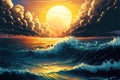 Ocean surface with big waves, sunset, Generative Ai