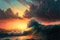 Ocean surface with big waves, sunset, Generative Ai