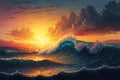 Ocean surface with big waves, sunset, Generative Ai